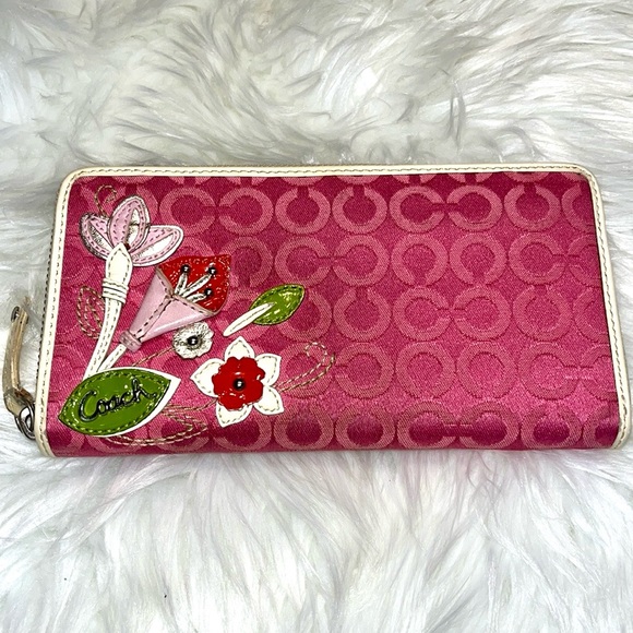 Coach Op Art Floral Appliqué Pink Canvas VTG wallet - Picture 3 of 15